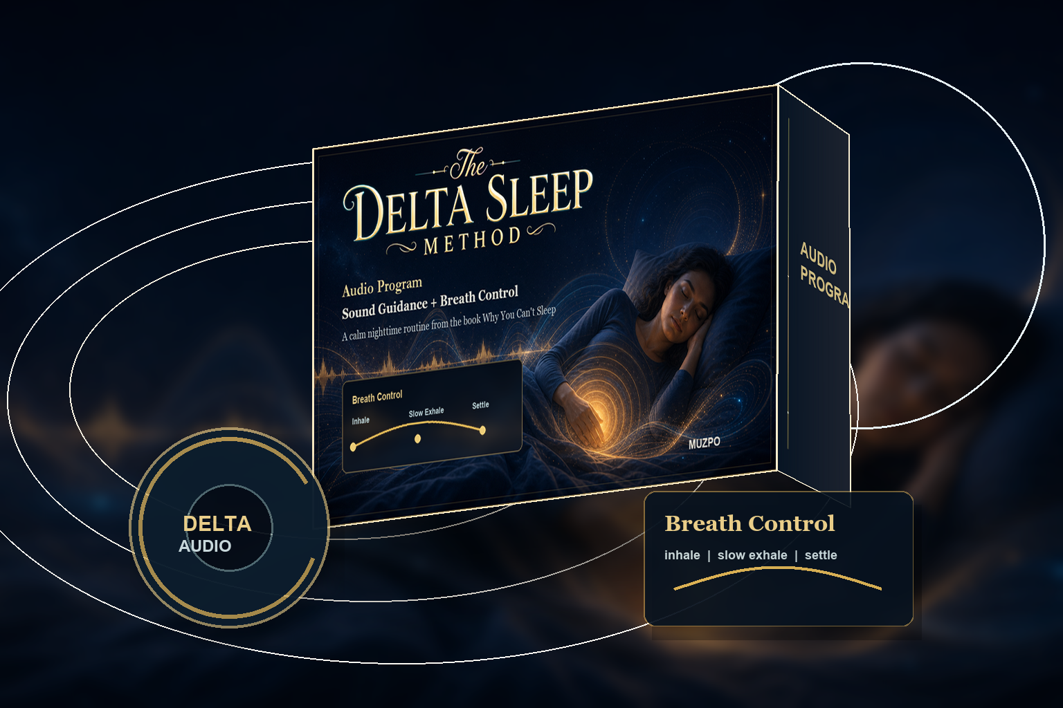 The Delta Sleep Method audio program mockup with sound guidance and breath control.