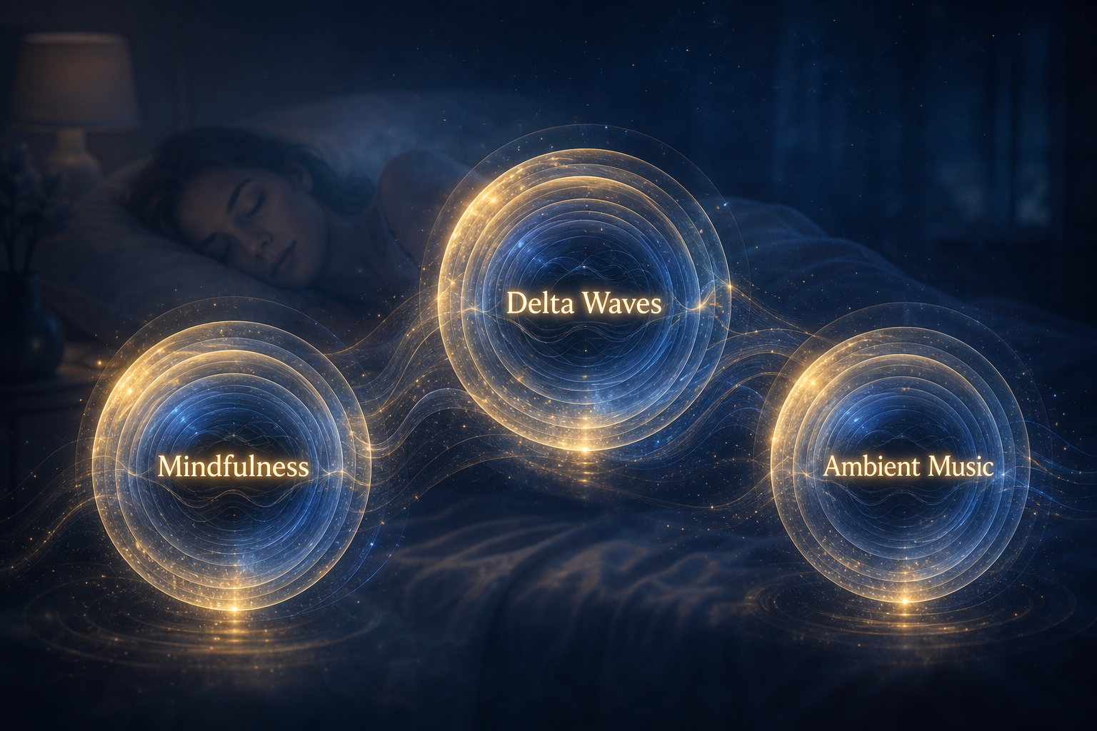 Three glowing sound spheres labeled Mindfulness, Delta Waves, and Ambient Music above a sleeping figure.