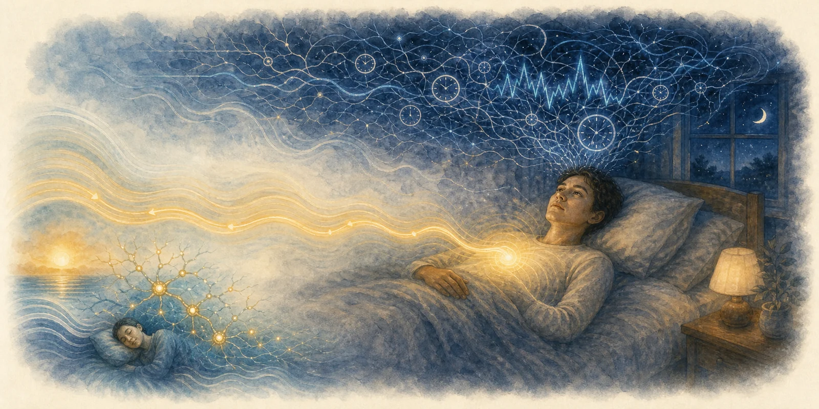 A tired person awake at night as a warm breathing rhythm opens a path through restless thoughts