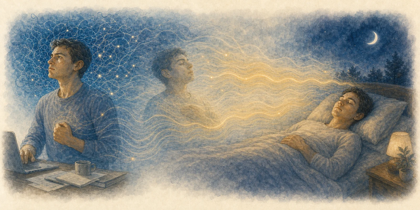 An alert person gradually softens into rest as tangled thoughts become calm golden waves