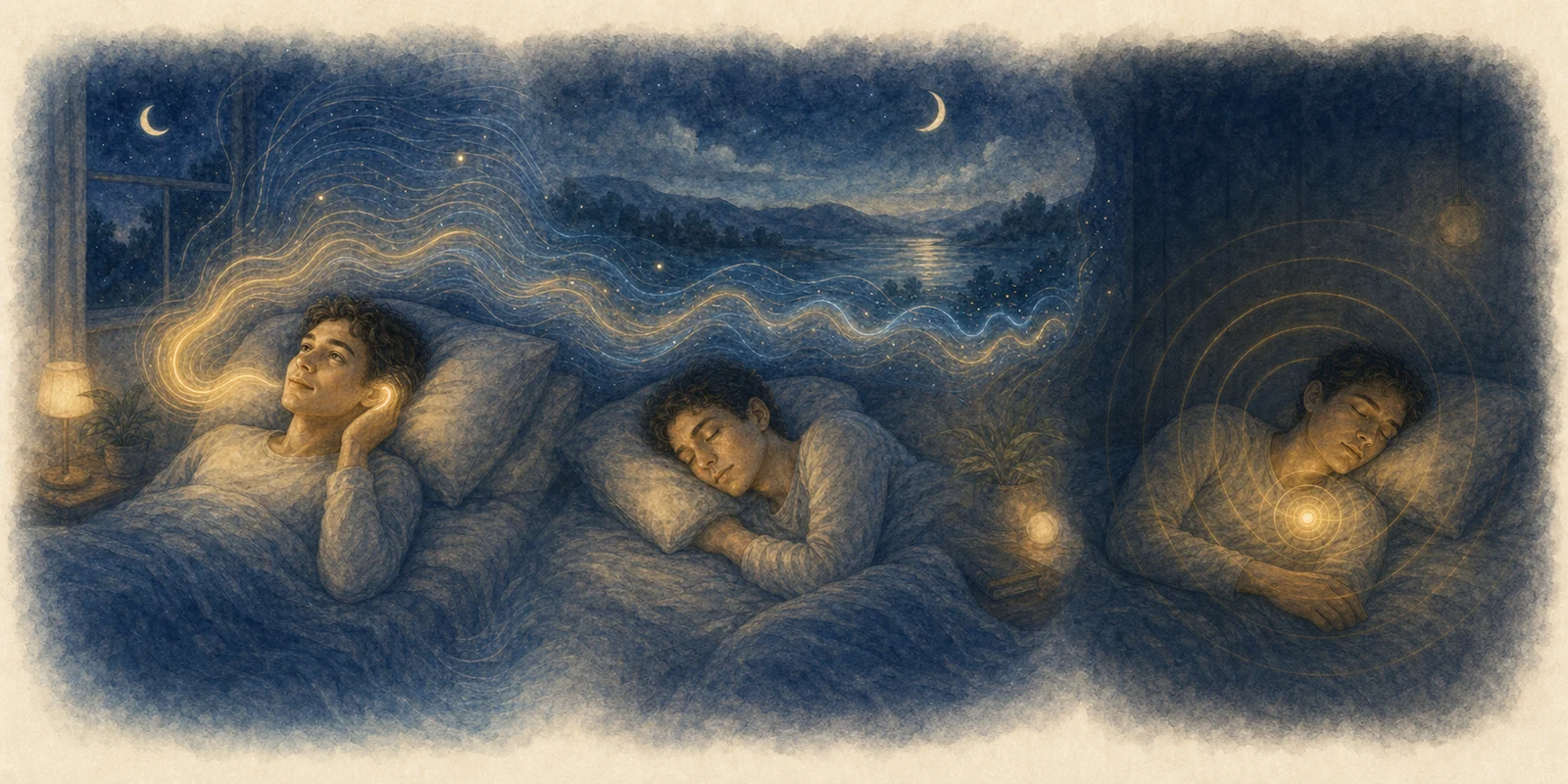The same listener receives voice guidance, an ambient soundscape, or minimal rhythm on different nights