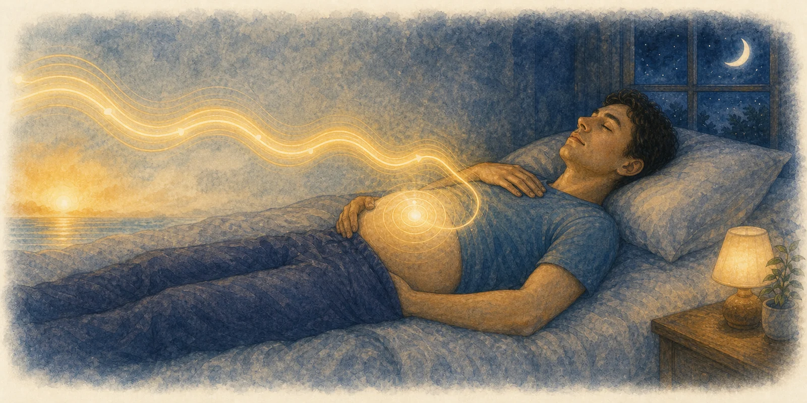 A listener learns gentle abdominal breathing in time with a warm rhythmic wave
