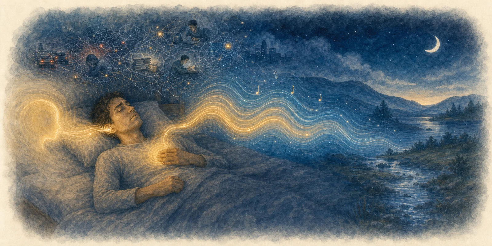 A gentle voice guides a restless listener before fading into an open ambient nightscape