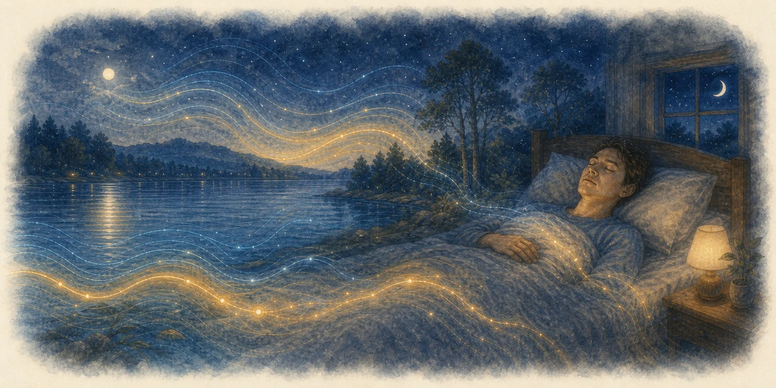 A person rests without voice guidance as quiet blue and gold waves cross a moonlit landscape
