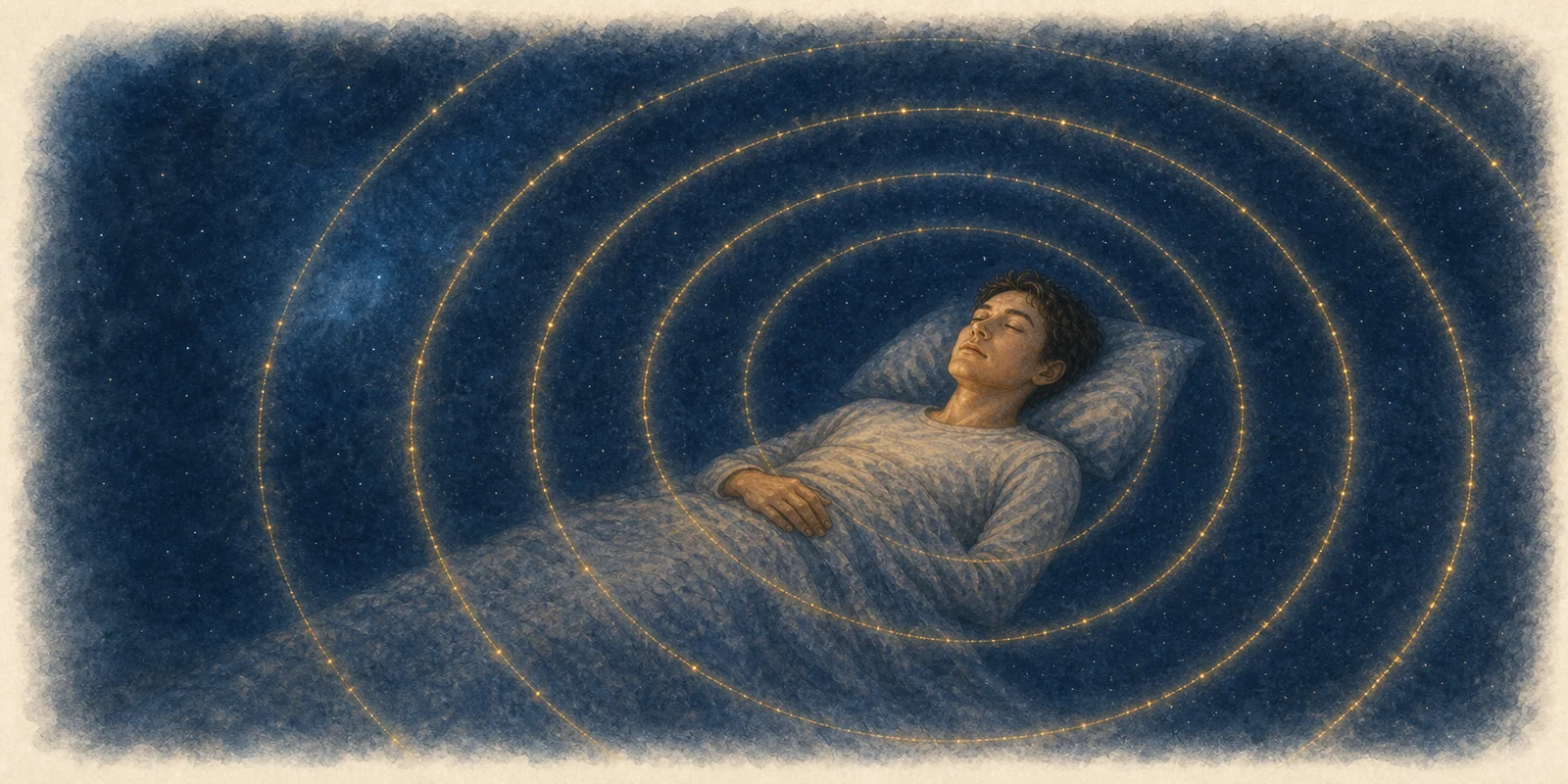 A resting listener surrounded only by clean concentric golden rhythm pulses