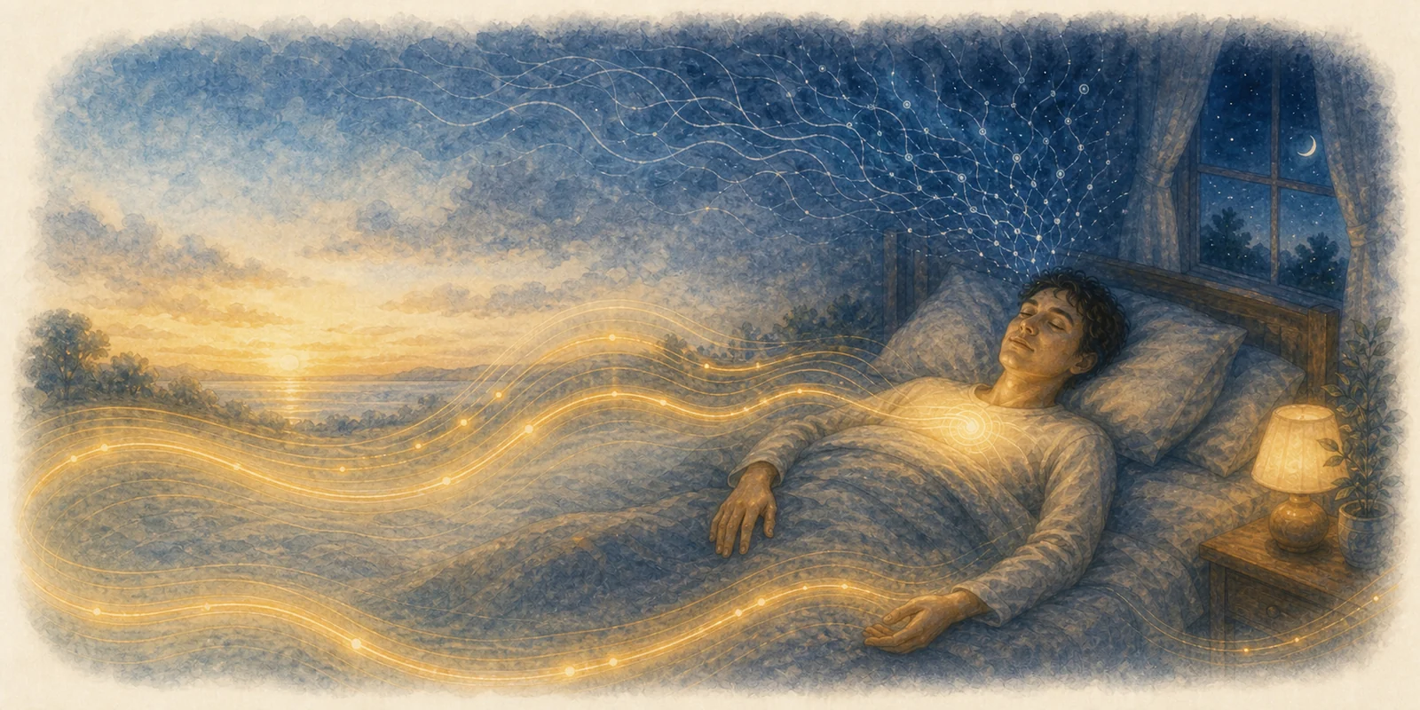 A person releases the effort to sleep as a gentle breathing wave holds the quiet night