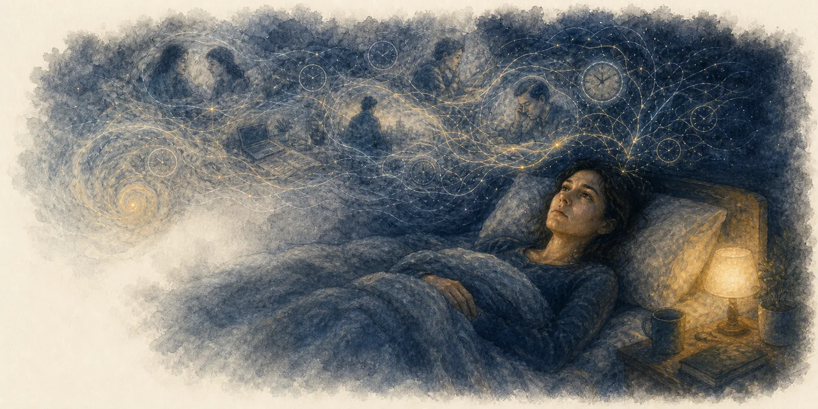 An exhausted person lies awake as thoughts and clock pressure gather above the bed