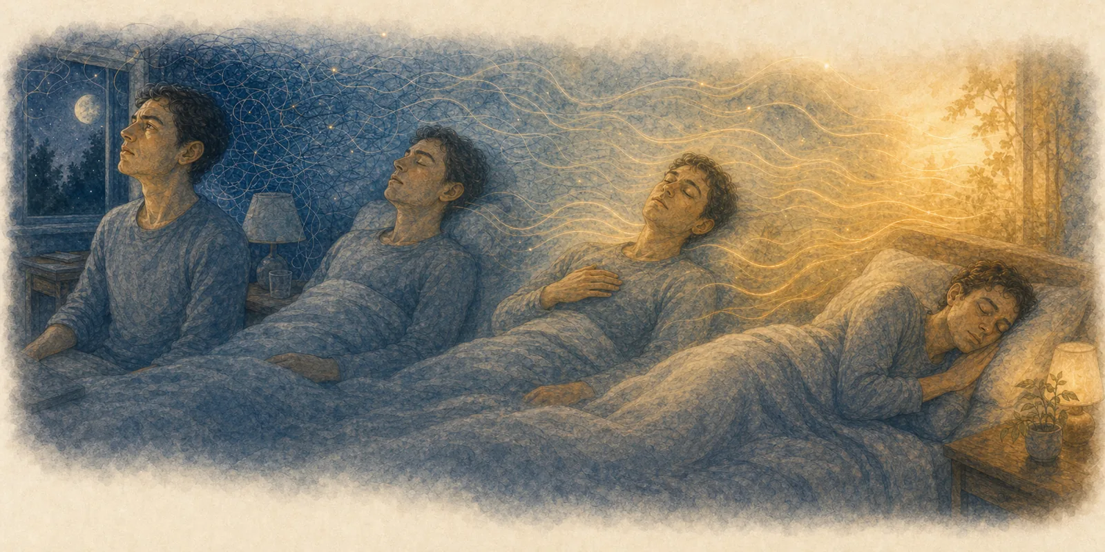 One person's alert posture gradually softens into rest as tangled lines become calm waves