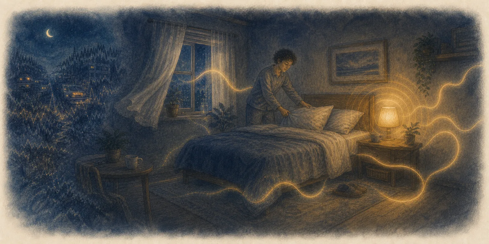 A person prepares a quiet bedroom as outside noise and harsh light fade at the room's edge