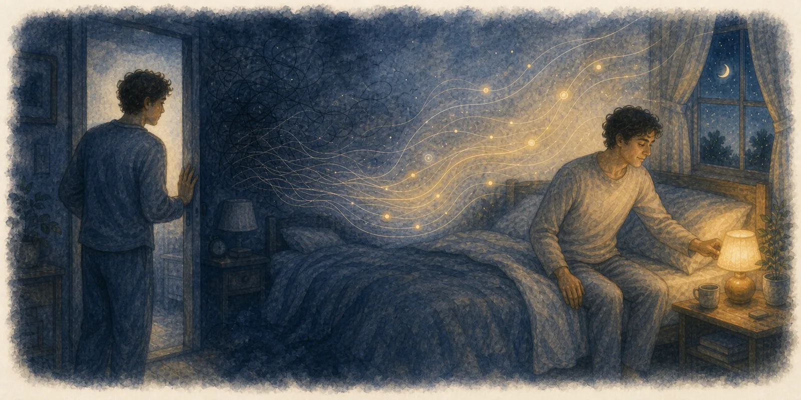 A person who once feared bedtime lowers the lamp as tangled lines become a calm path